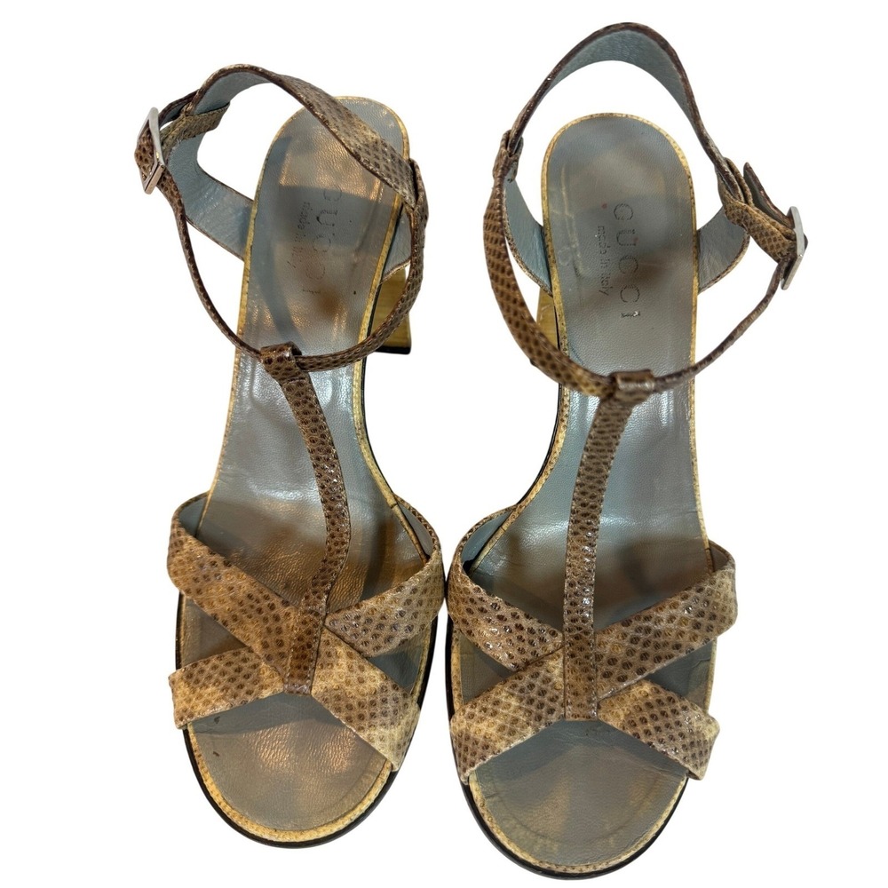 Gucci Womens Snakeskin Embossed T-Strap Block Heel Sandals Brown Tan Size 9